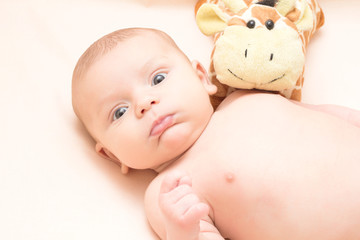 Surprised baby 2 months with a soft toy