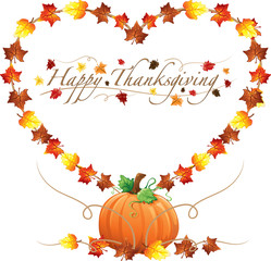 Border illustration of autumn leaves and pumpkins in a heart shape for Thanksgiving
