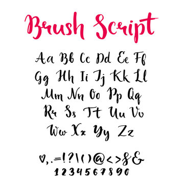 Brush script with lowercase and uppercase letters, keystrokes and digits. Full alphabet handwritten with brushpen. Vector calligraphic english abc