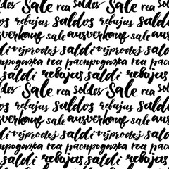 Naklejka premium Sale text background, black and white handwritten words sale in different languages: french, spanish, italian, german and russian. Calligraphy pattern for package and shop window design. Vector