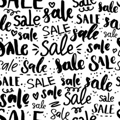 Sale word pattern - hand drawn words and calligraphy, seamless texture for promo, commercial and special offers design. Black friday background. Handwritten backdrop for sales and clearance