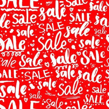 Red sale texture with handwritten text in different styles. Seamless pattern for promo and advertisement. Vector lettering background for package and shop window design