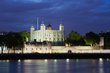 Tower of London, castle at night with Thames river view