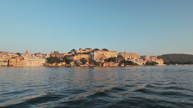 Udaipur City Palace, view  from Lake Pichola on sunset. Udaipur, India