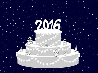 White cake with Christmas trees and 2016