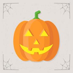 Glowing pumpkin icon. Orange pumpkin with smile. Halloween illustration isolated on stylized gray background. Vector illustration