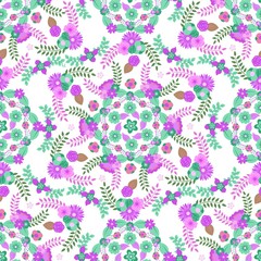 Fototapeta na wymiar Purple and Green Flowers Seamless Pattern
