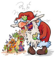 Santa Claus vomits. Satirical illustration.