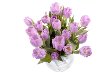 Poster grote bos paars roze tulpen in een glazen vaas © Carmela