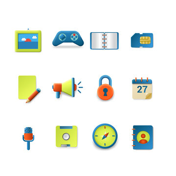 Vector icons for mobile app interface: photo speaker note sd