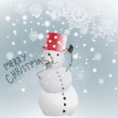 Snowman / Charming snowman writes on the foggy glass, Merry Christmas while snow falls in the background
