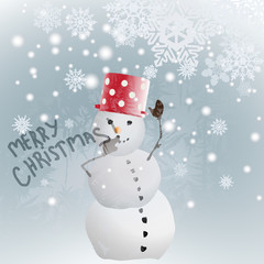 Snowman / Charming snowman writes on the foggy glass, Merry Christmas while snow falls in the background
