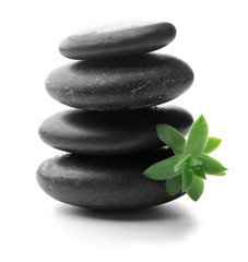 Stack of stones and a green flower, isolated on white. Spa relaxation concept