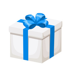 White gift box with blue ribbon and bow. Vector illustration.