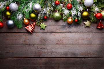 Christmas decoration frame on wooden background