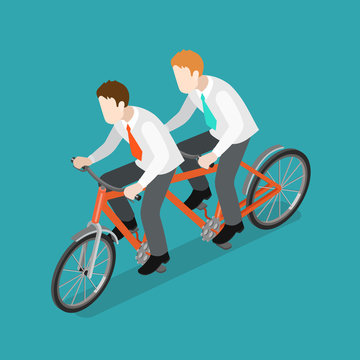 Team Work Businessmen Riding Tandem Bike Flat Isometric Vector