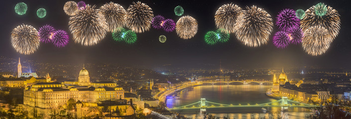 Beautiful fireworks under and cityscape of Budapest