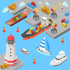 Obraz premium Nautical transport cargo shipping port flat 3d isometric vector