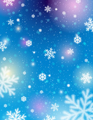 Fototapeta na wymiar Blue background with bokeh and blurred snowflakes, vector