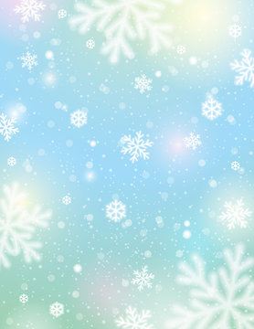 Light background with bokeh and blurred snowflakes, vector © sunnyfrog