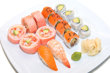 Assorted sushi dish on a white square dish