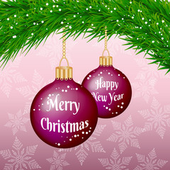 Holidays congratulation card with Christmas tree and pink baubles. Merry Christmas and Happy New Year. Vector Eps10