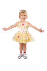  Little girl in a beautiful yellow dress and crown on white back