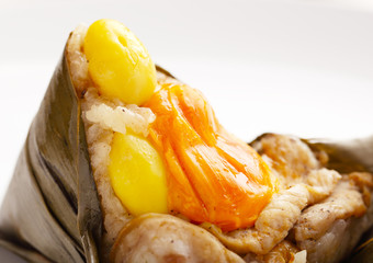 Closeup Asian Chinese Rice Dumpling, Zongzi, on White Background.