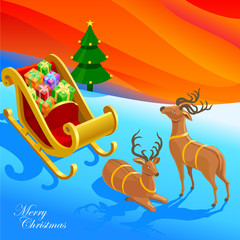 Obraz na płótnie Canvas Sleigh and Reindeer- colorful Merry Christmas illustration