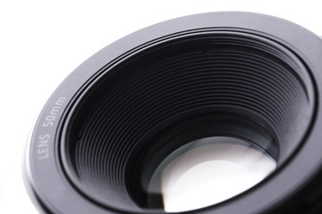 Closeup Standard Normal Lens for DSLR Camera Isolated on White Background.