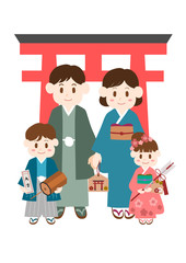 初詣に出かける家族のイラスト: 日本のお正月