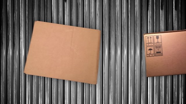 Boxes and packages move along a conveyor belt in a shipment factory. A few blank boxes for your custom graphics.  	