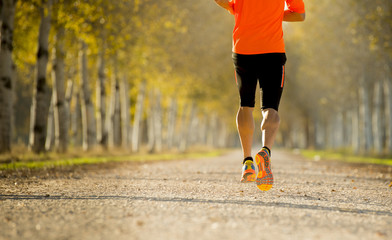 sport man with strong calves muscle running outdoors in off road trail ground with trees under beautiful Autumn sunlight