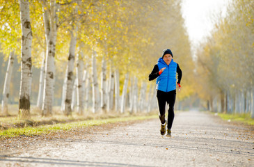 sport man running outdoors in off road trail ground with trees under beautiful Autumn sunlight