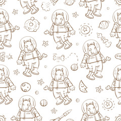 Space vector seamless pattern with cartoon dogs astronauts, rockets, stars and planets on  white background.