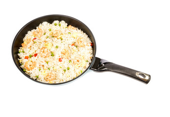 Traditional Chinese Shrimp Fried Rice in a Frying Pan Isolated on White