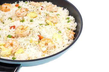 Traditional Chinese Shrimp Fried Rice in a Frying Pan Isolated on White