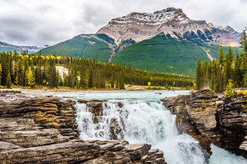 Athabasca Fall and Mount Kerkeslin in Jasper National Park in the Canadian Rockies