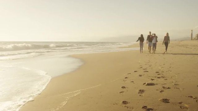 Group of friends walking on the beach together