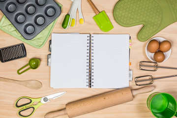 baking and pastry tools with notebook
