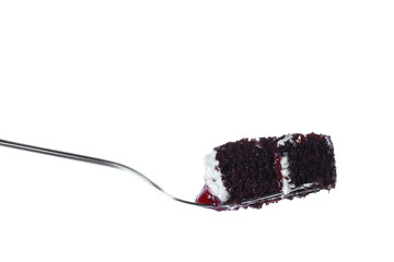 chocolate cake on fork isolate on white