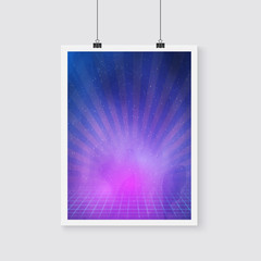 Outer Space Retro Neon Vector Poster with Nebula, Stars, Neon Fl