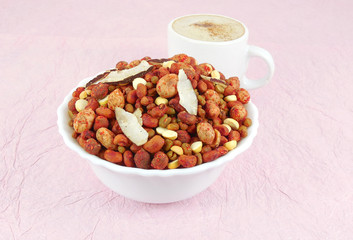 Roasted namkeen, an Indian healthy snack, in a bowl.