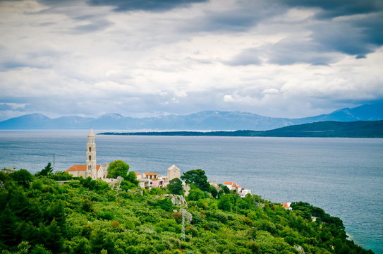 rainy sky over the city. coastal town, the house by the sea, ended the holiday season,  tourist town in winter. Bosnia and Herzegovina, Croatia
