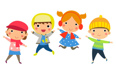 Fototapeta premium Cute happy children jumping together with winter fashion clothes