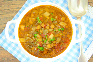 Lentil Soup with Eggplant, Tomatoes and Onions