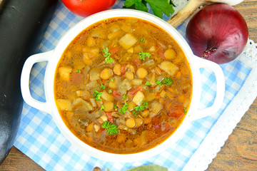 Lentil Soup with Eggplant, Tomatoes and Onions