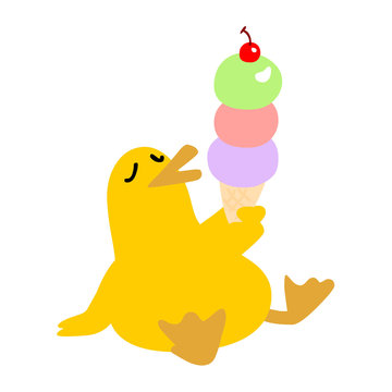  cute yellow duck eat ice cream happily vector illustration