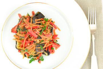 Diet and Healthy Food: Salad with Eggplant, Carrots.