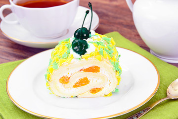 Sponge Roulade with Cream, Mandarin and Cherry